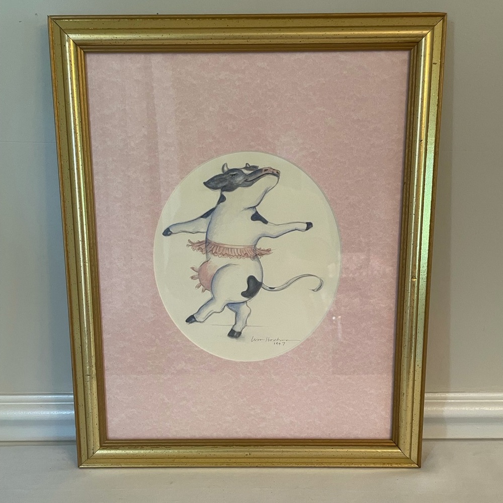 Adorable Vintage Dancing Cow with Pink Tutu Framed Original Artwork
